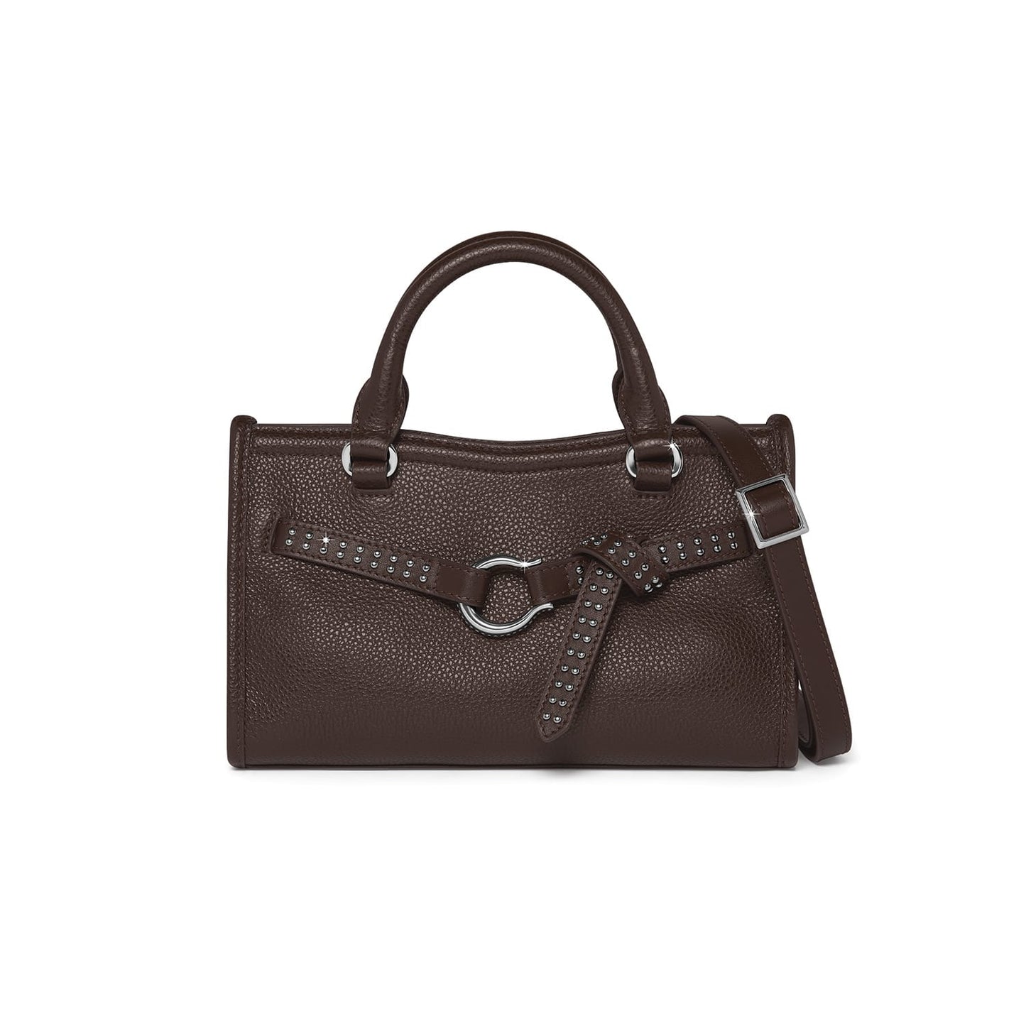 Brighton handbag in brown pebbled leather with studded belt detail, silver-tone ring, and adjustable crossbody strap on a white background