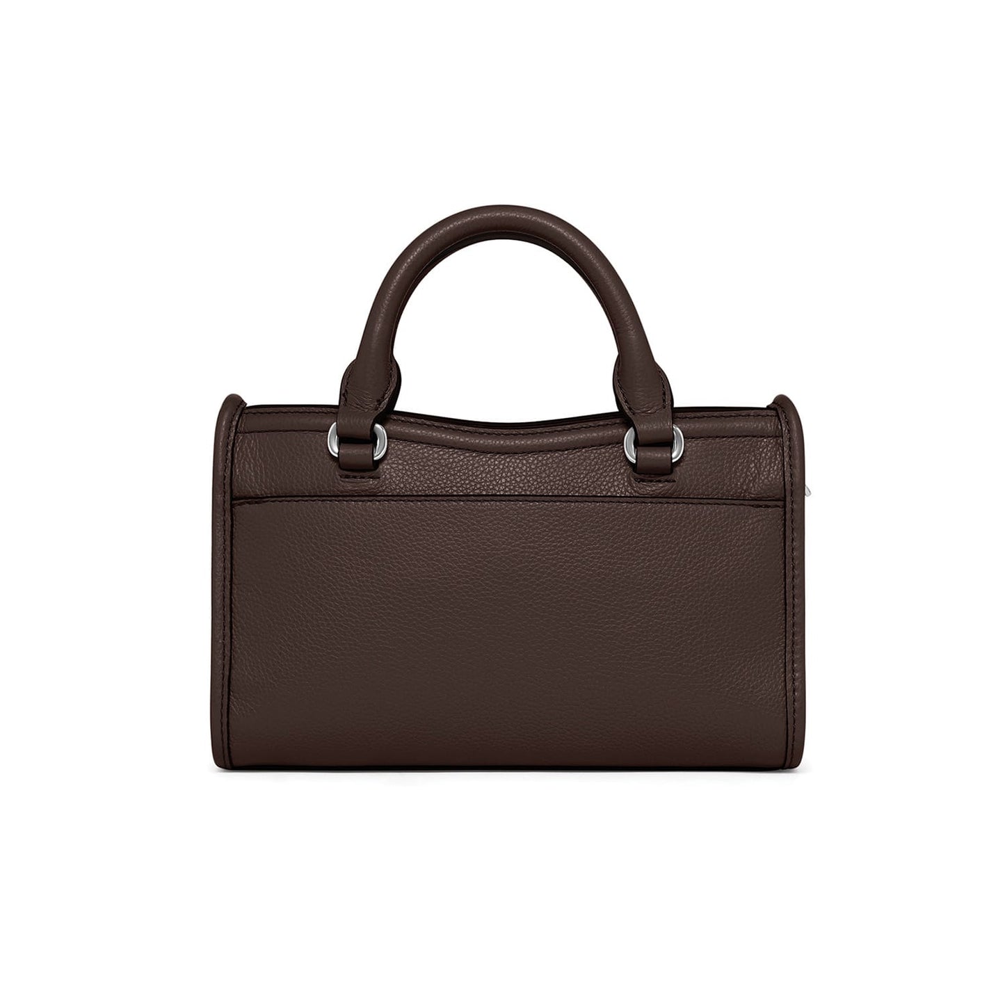 Brighton handbag shown from the back in dark brown pebbled leather with rolled top handles on a white background
