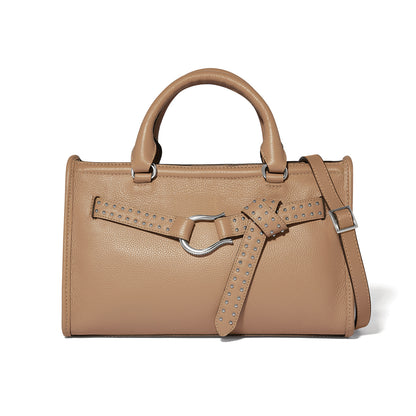 Brighton handbag in tan pebbled leather with studded knotted belt detail, silver-tone hardware, and crossbody strap on a white background