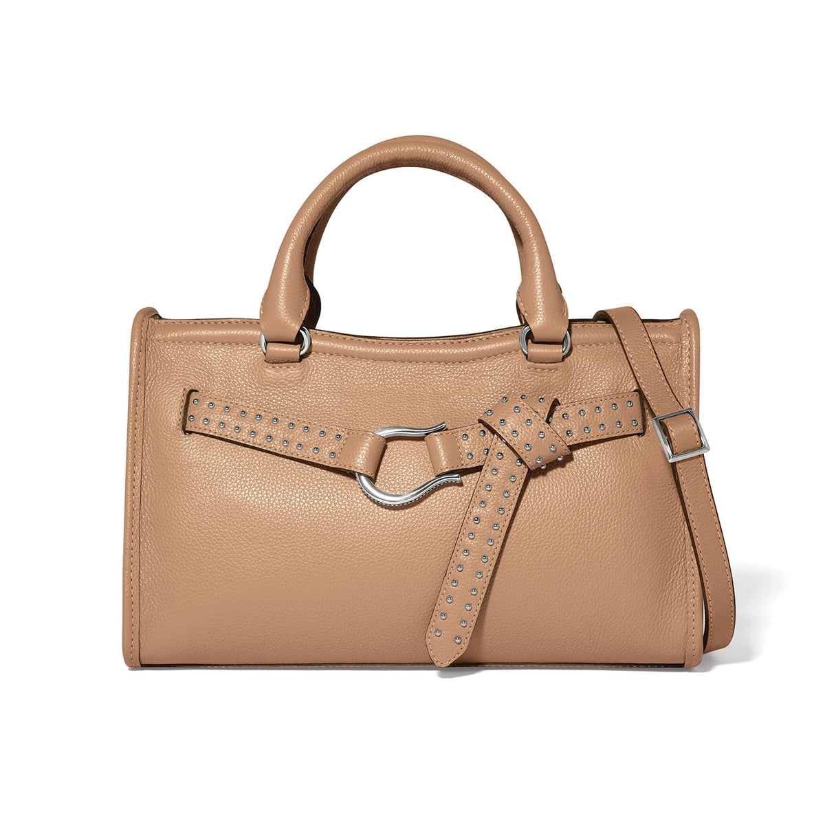 Brighton handbag in tan pebbled leather with studded belt detail, silver-tone hardware, and dual handles on a white background
