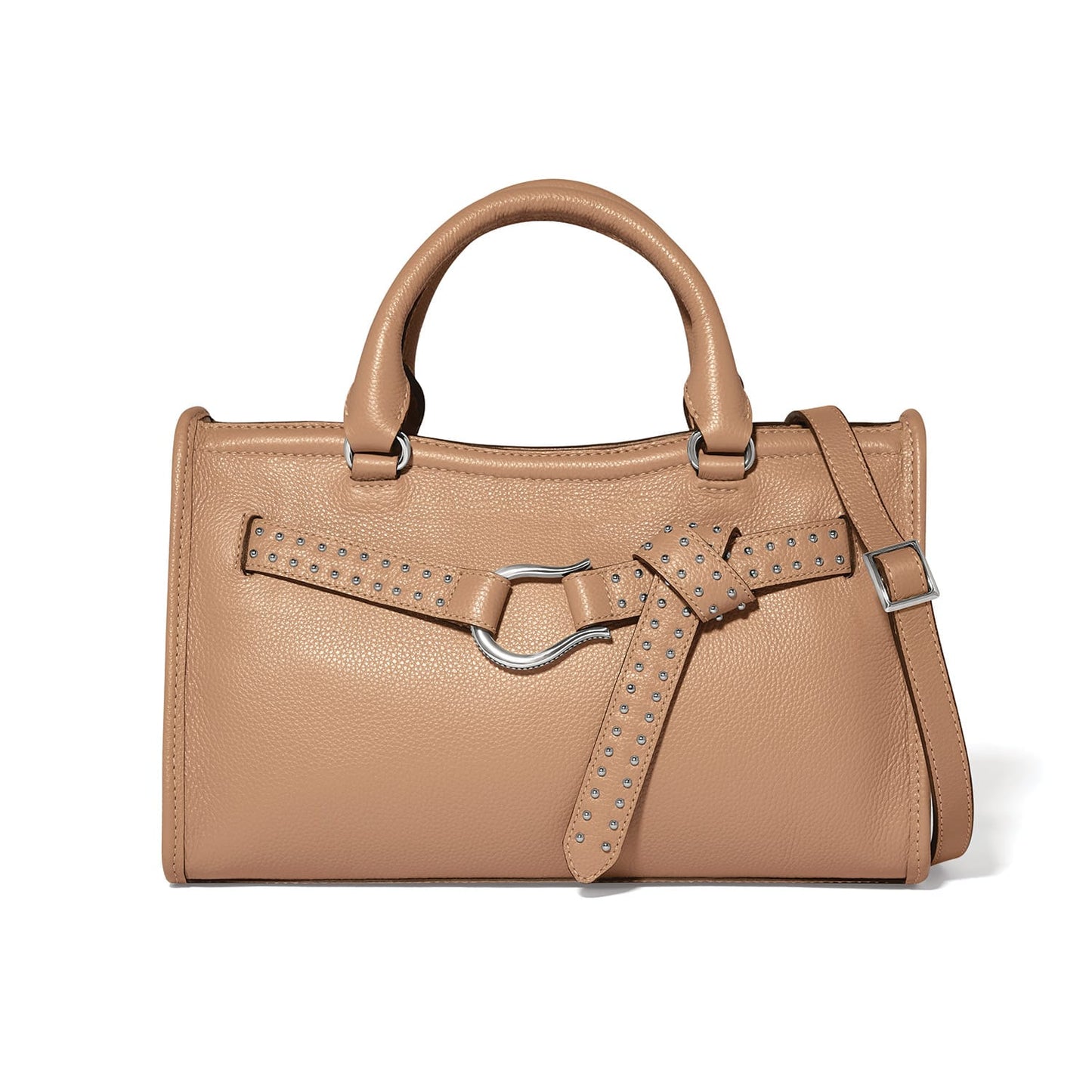 Brighton handbag in tan pebbled leather with studded belt detail, silver-tone hardware, and dual handles on a white background