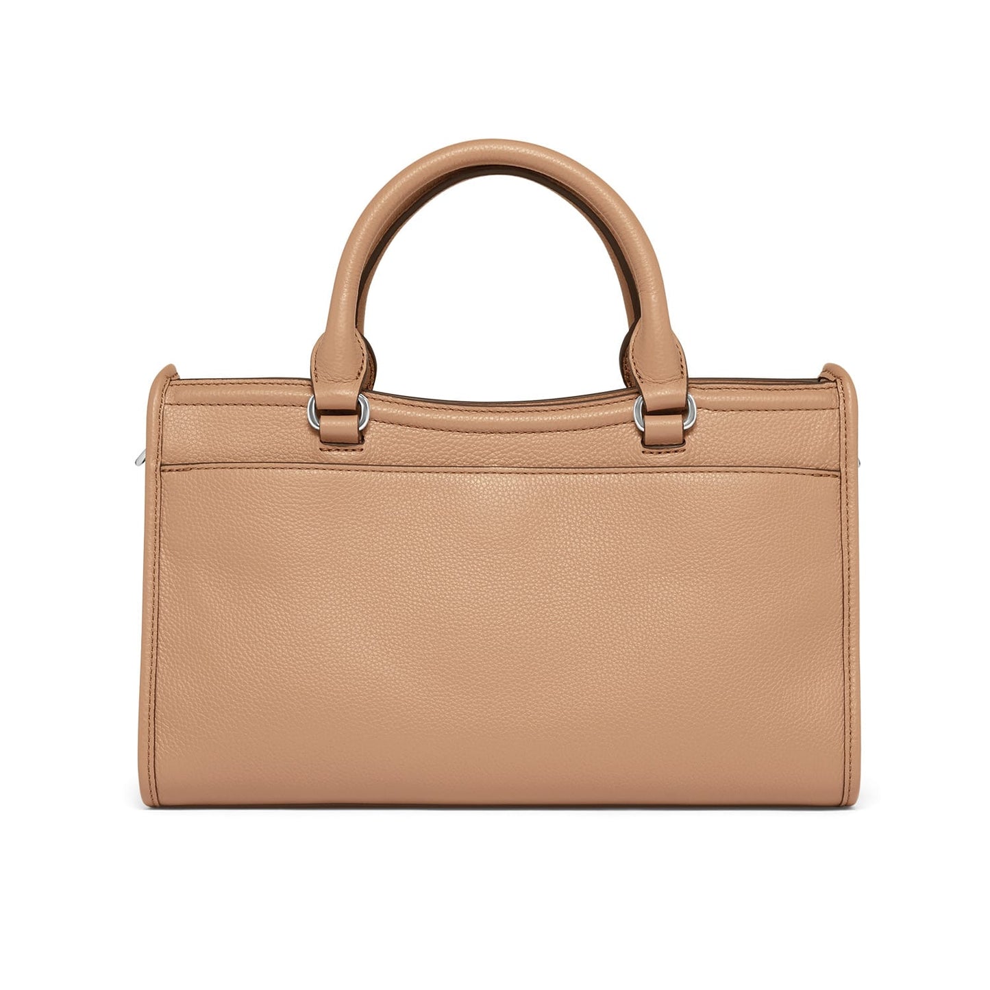 Brighton handbag shown from the back in tan pebbled leather with dual rounded top handles on a white background