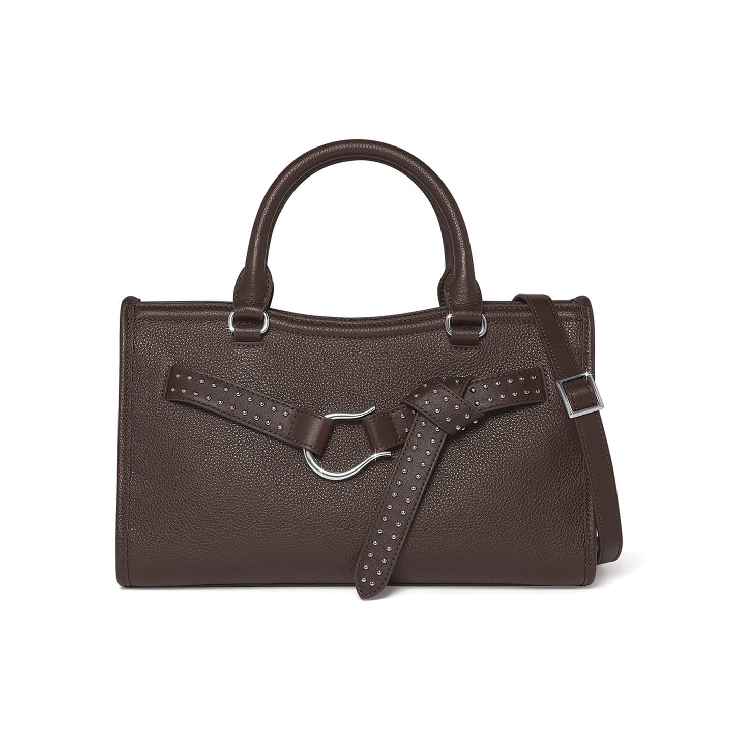 Brighton handbag in brown pebbled leather with studded belt detail, silver-tone hardware, and adjustable strap on a white background