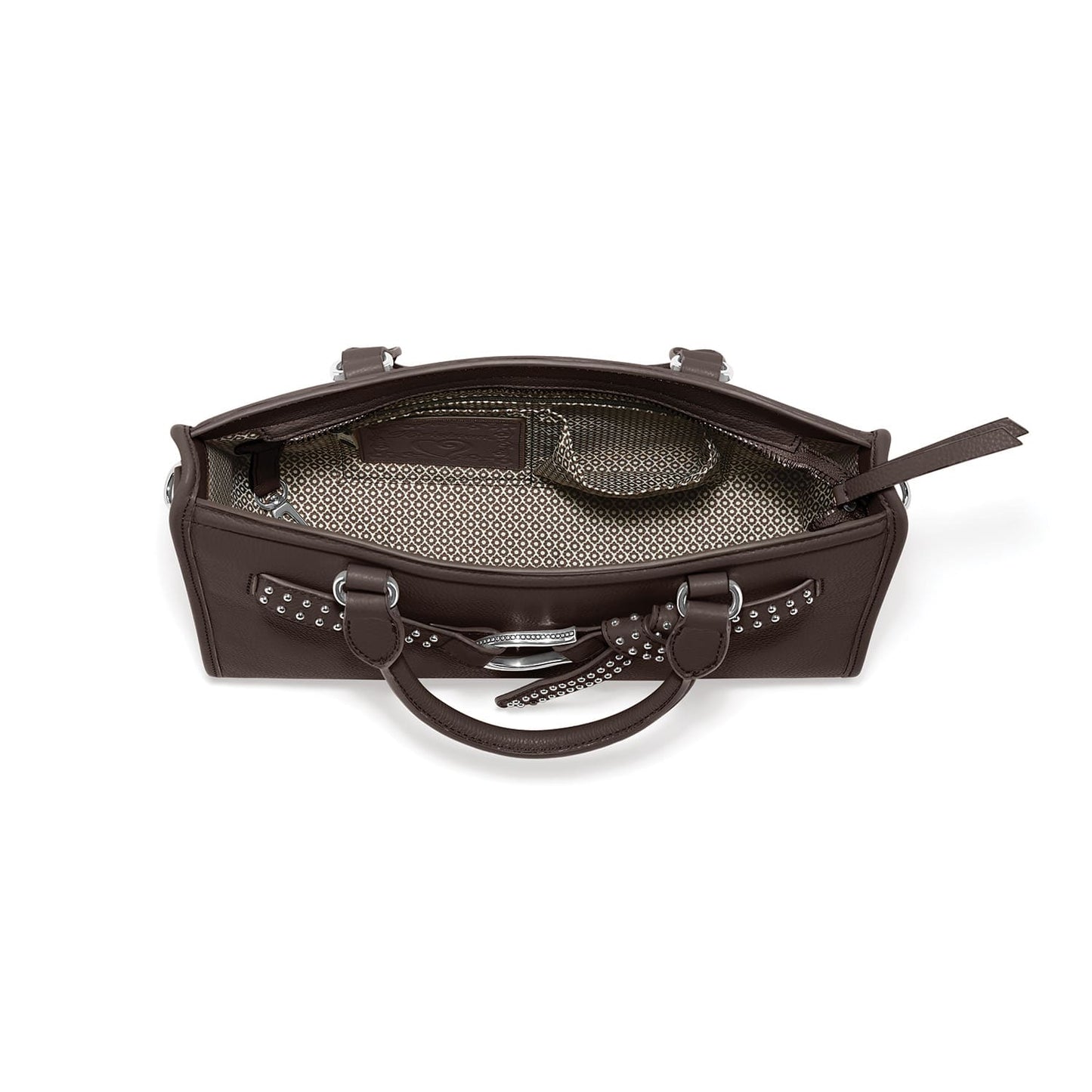 Brighton brown leather handbag shown open with patterned fabric interior lining and studded handle details on a white background