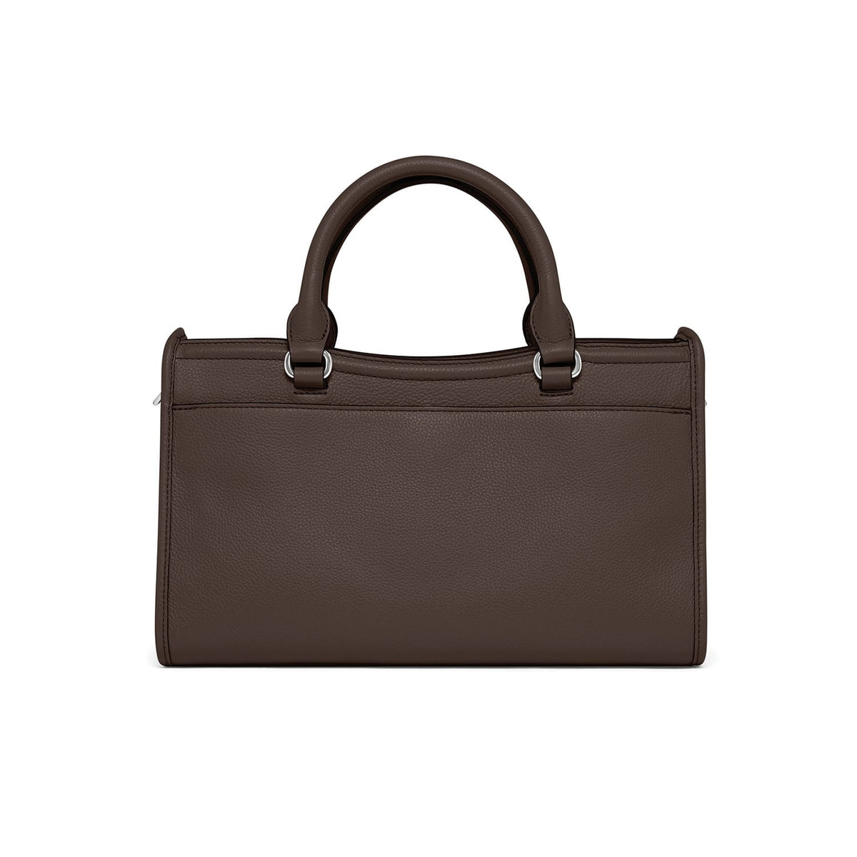 Brighton handbag shown from the back in brown pebbled leather with rolled top handles on a white background