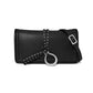 Brighton black pebbled leather crossbody handbag with studded knot tie, silver-tone ring, and adjustable strap on a white background