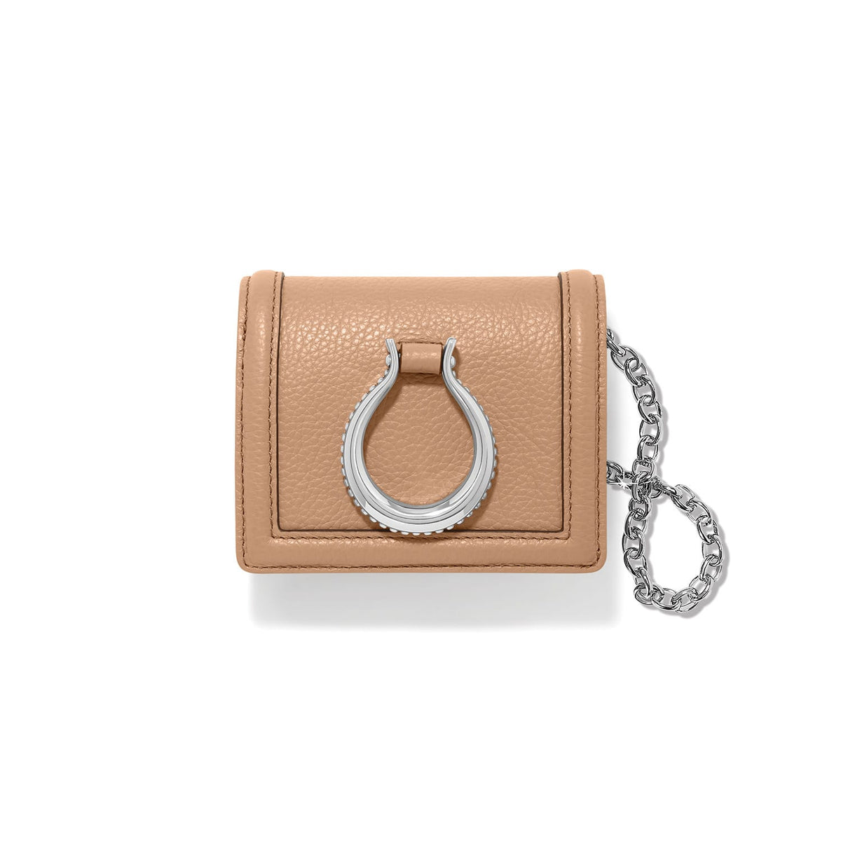Brighton tan pebbled leather mini wallet with silver-tone horseshoe ring accent and chain strap on a white background