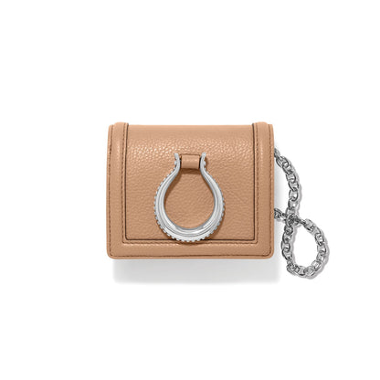 Brighton tan pebbled leather mini wallet with silver-tone horseshoe ring accent and chain strap on a white background