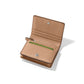Brighton tan pebbled leather bifold wallet shown open with card slots and snap closure on a white background