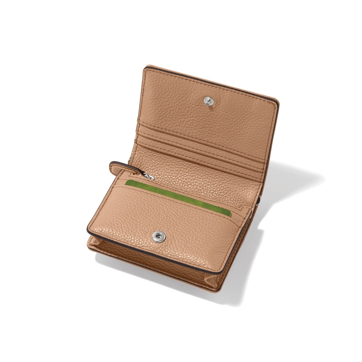Brighton tan pebbled leather bifold wallet shown open with card slots and snap closure on a white background
