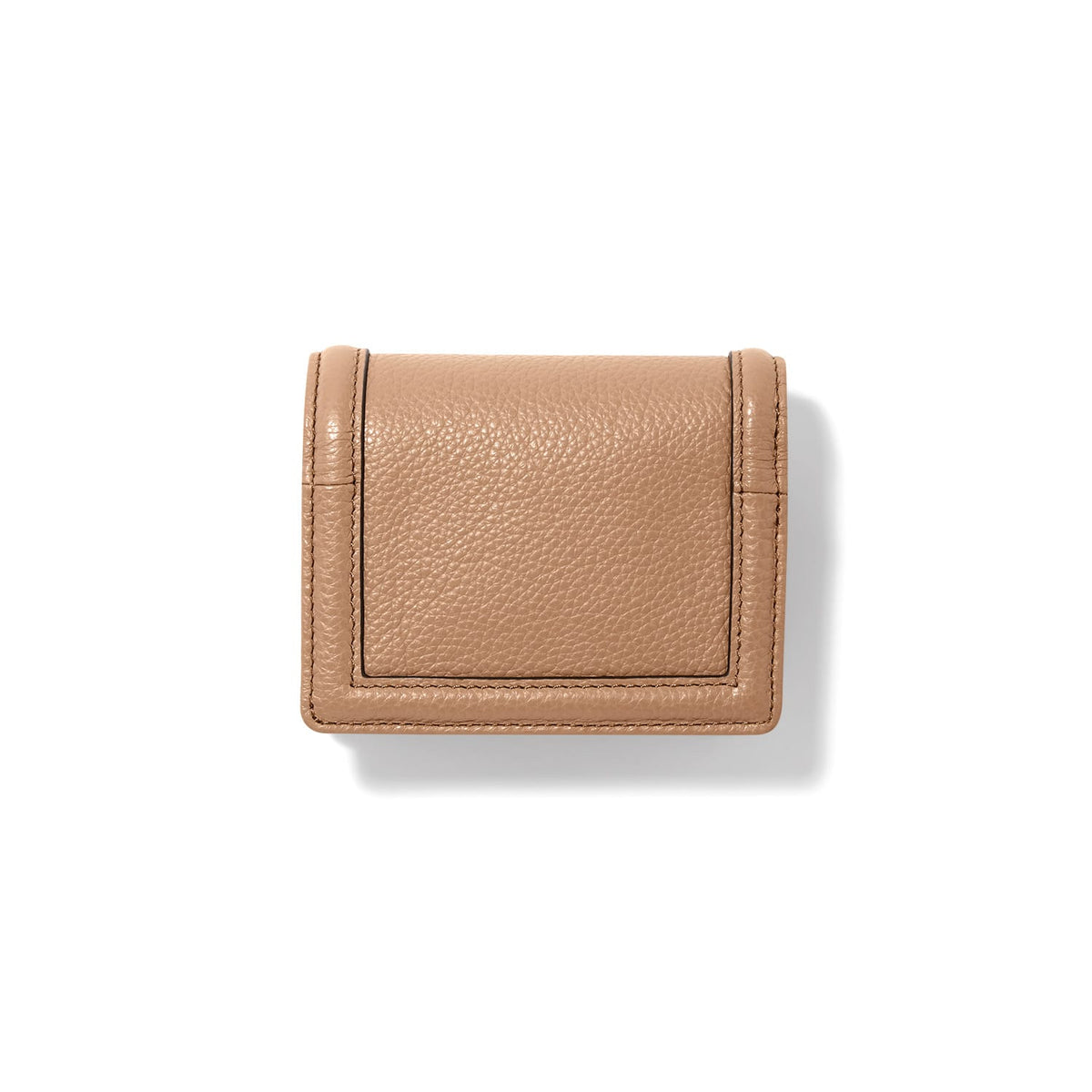 Brighton tan pebbled leather trifold wallet shown from the back with stitched border detail on a white background