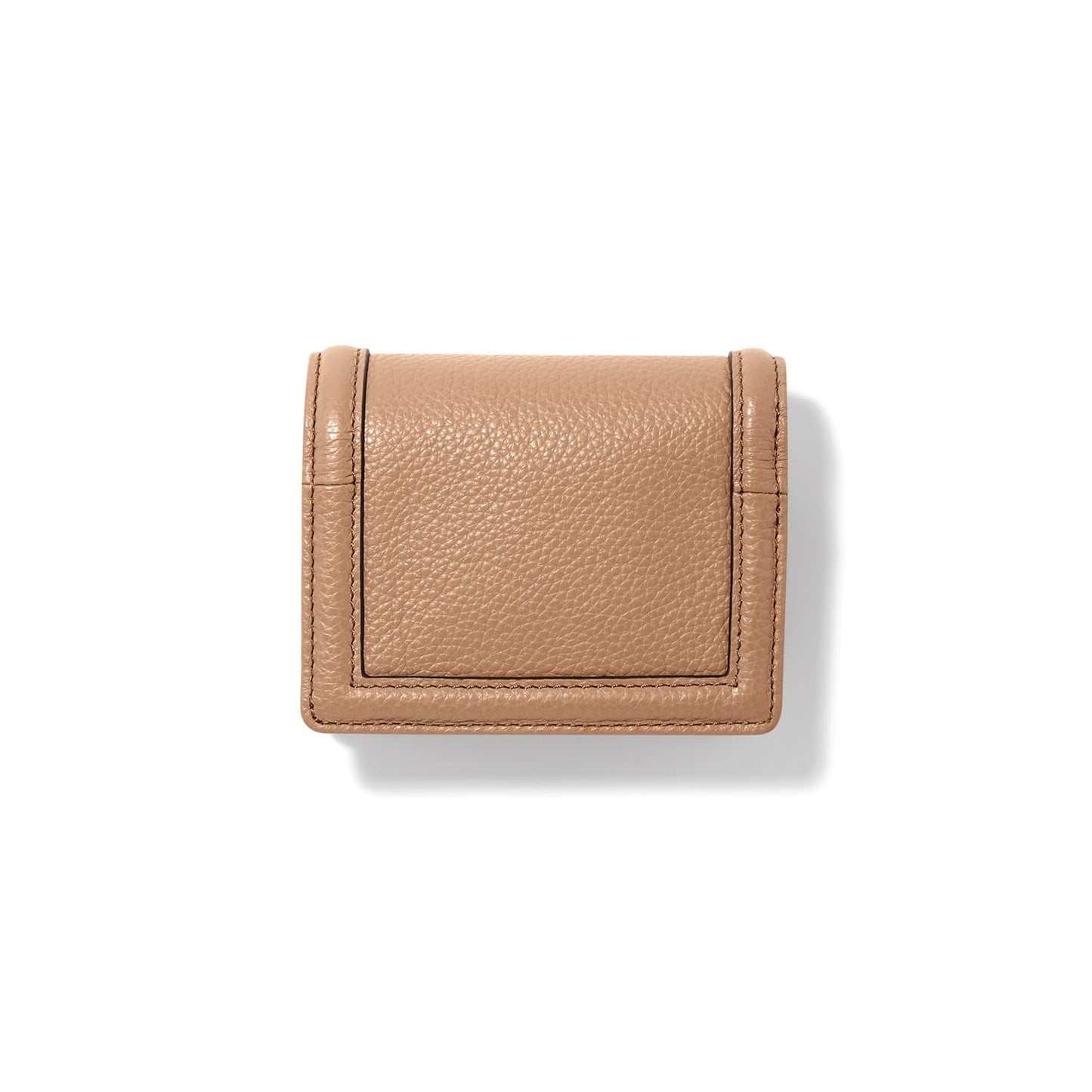Brighton tan pebbled leather trifold wallet shown from the back with stitched border detail on a white background