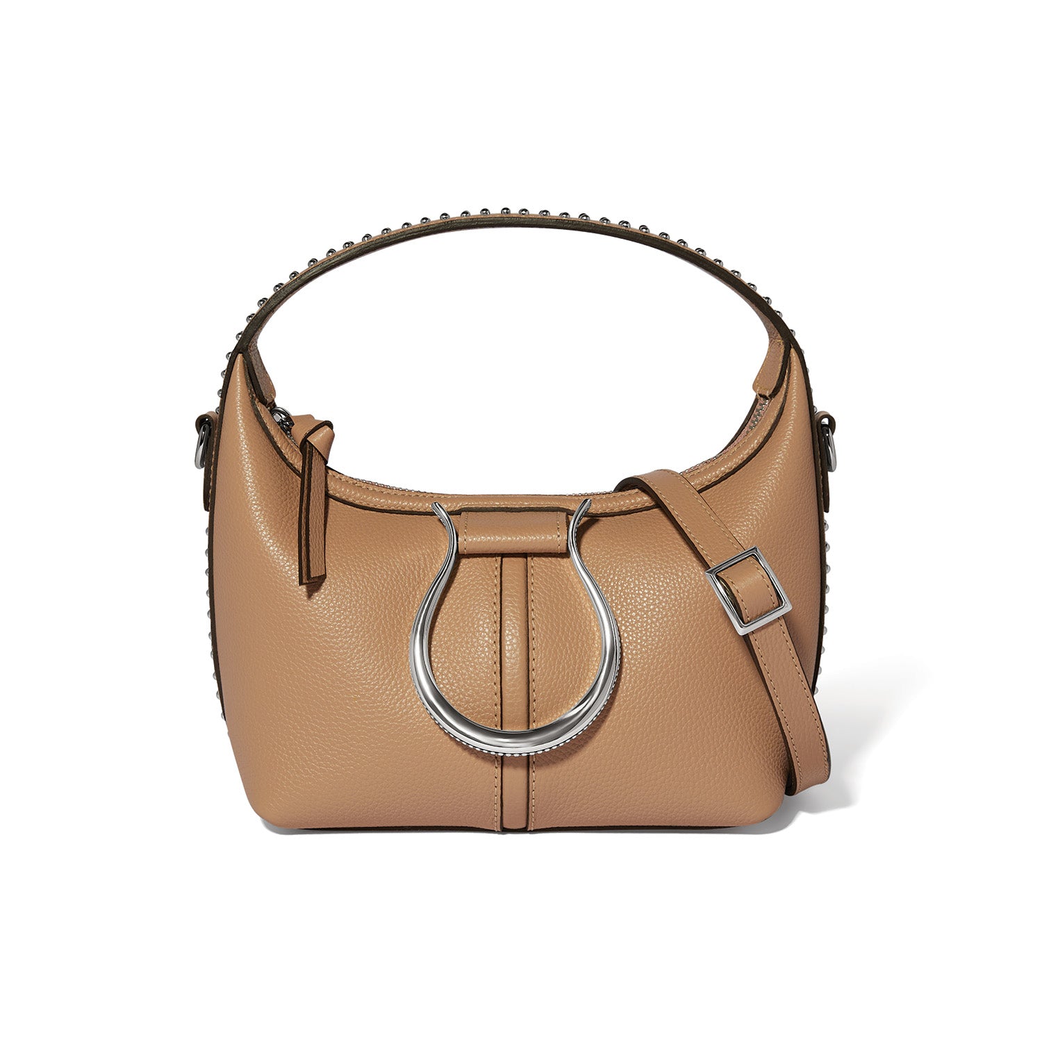Brighton handbag in tan pebbled leather with silver-tone horseshoe accent, studded top handle, and adjustable strap on a white background