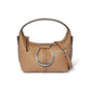 Brighton tan pebbled leather handbag with silver-tone horseshoe accent, studded top handle, and adjustable strap on a white background