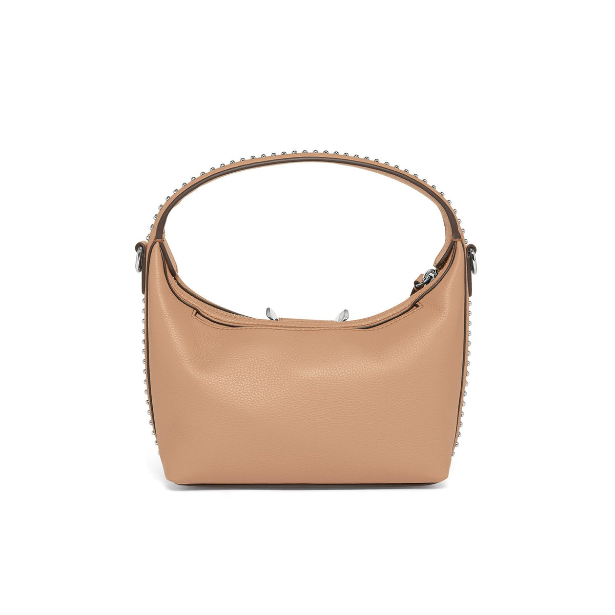 Brighton handbag shown from the back in tan pebbled leather with silver-tone stud trim on a white background