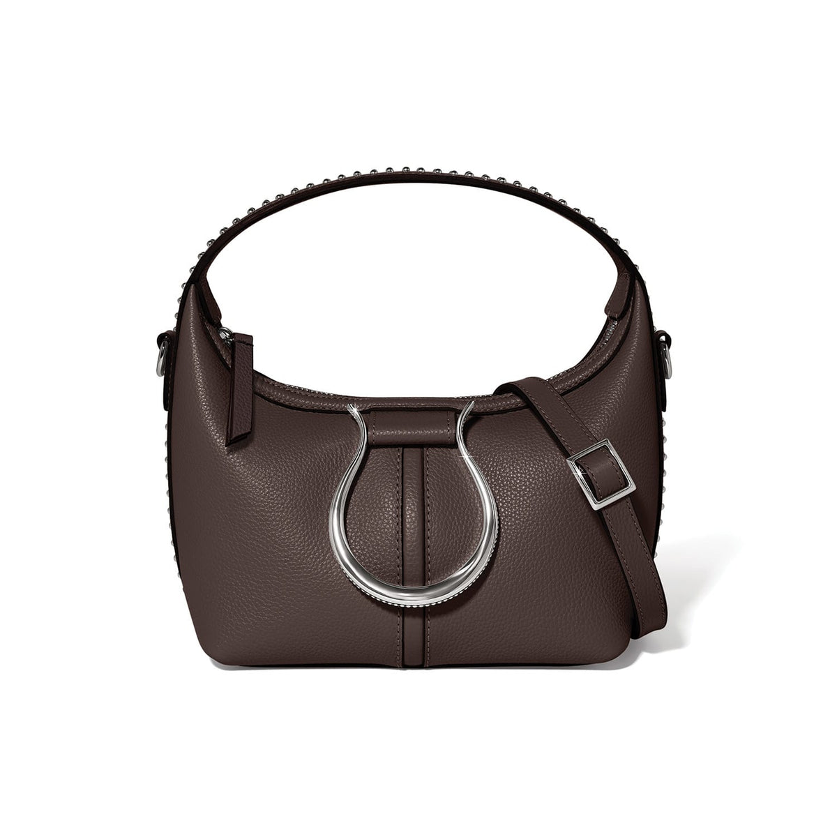 Brighton handbag in dark brown pebbled leather with silver-tone horseshoe accent, studded handle, and adjustable strap on a white background