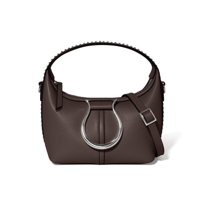 Brighton handbag in dark brown pebbled leather with silver-tone horseshoe accent, studded handle, and adjustable strap on a white background