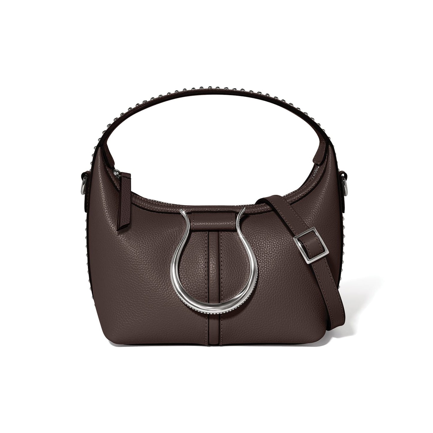 Brighton handbag in dark brown pebbled leather with silver-tone horseshoe accent, studded handle, and adjustable strap on a white background