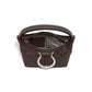 Brighton brown leather handbag shown open with studded handle, silver-tone ring hardware, and patterned interior on a white background