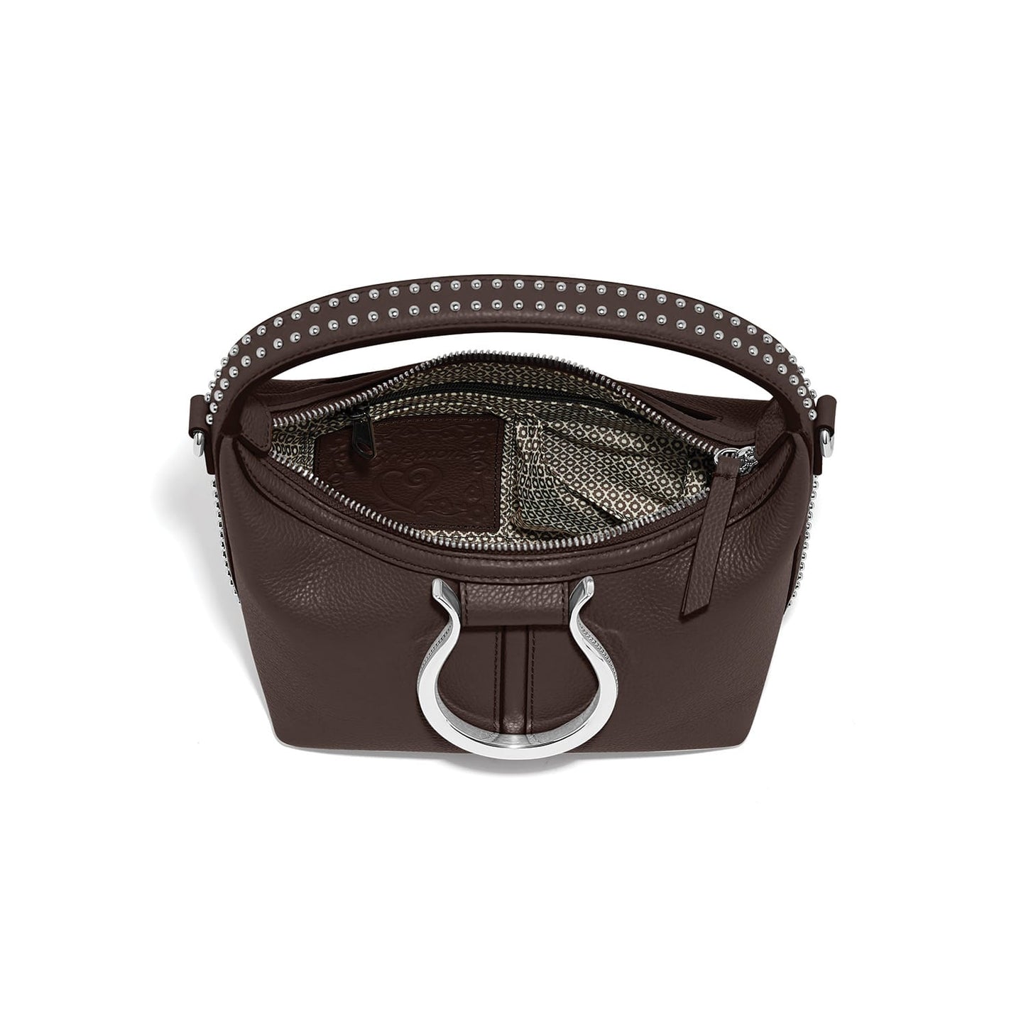 Brighton brown leather handbag shown open with studded handle, silver-tone ring hardware, and patterned interior on a white background