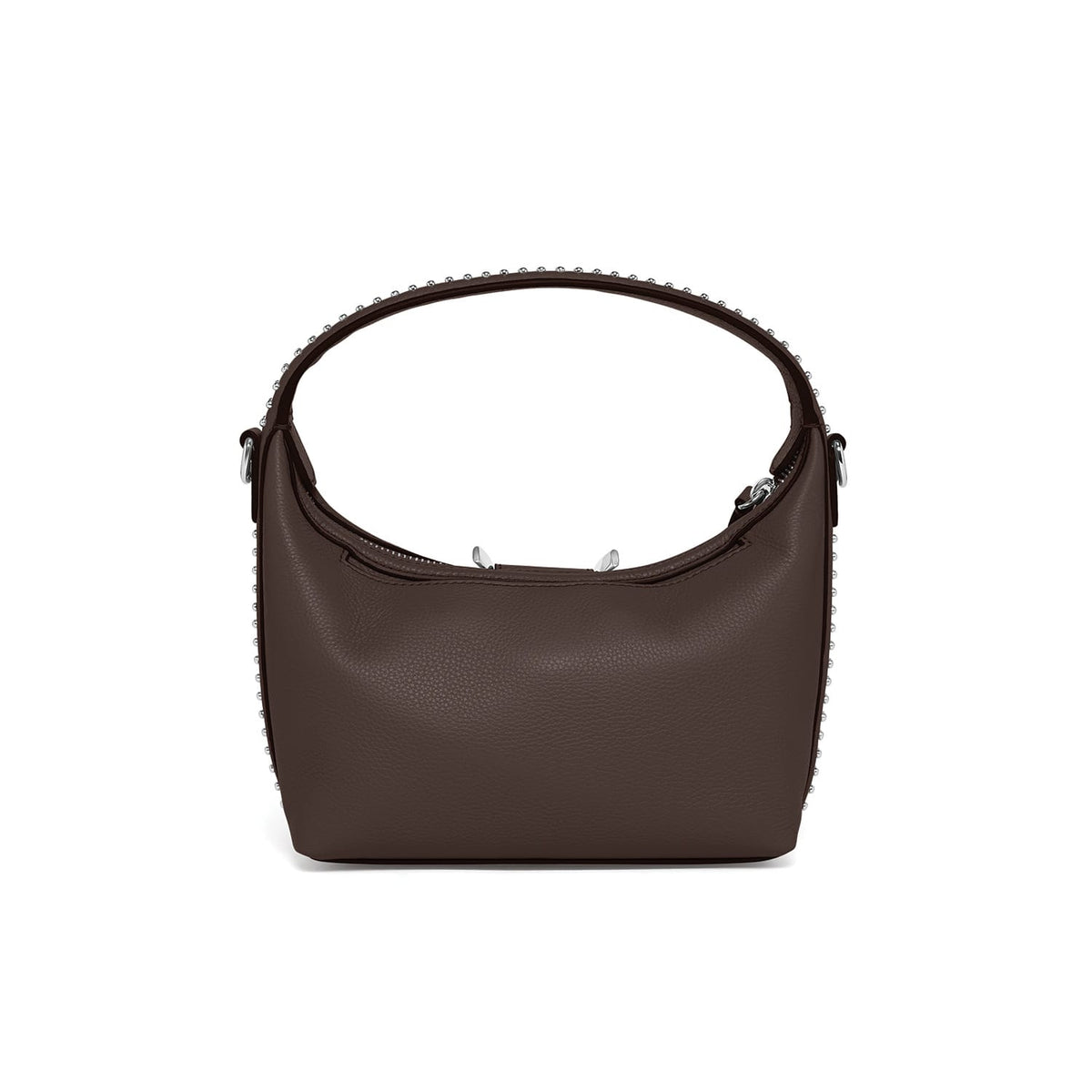 Brighton handbag shown from the back in brown pebbled leather with silver-tone studded trim on a white background