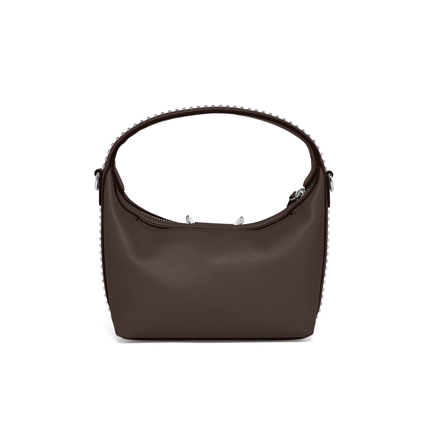 Brighton handbag shown from the back in brown pebbled leather with silver-tone studded trim on a white background