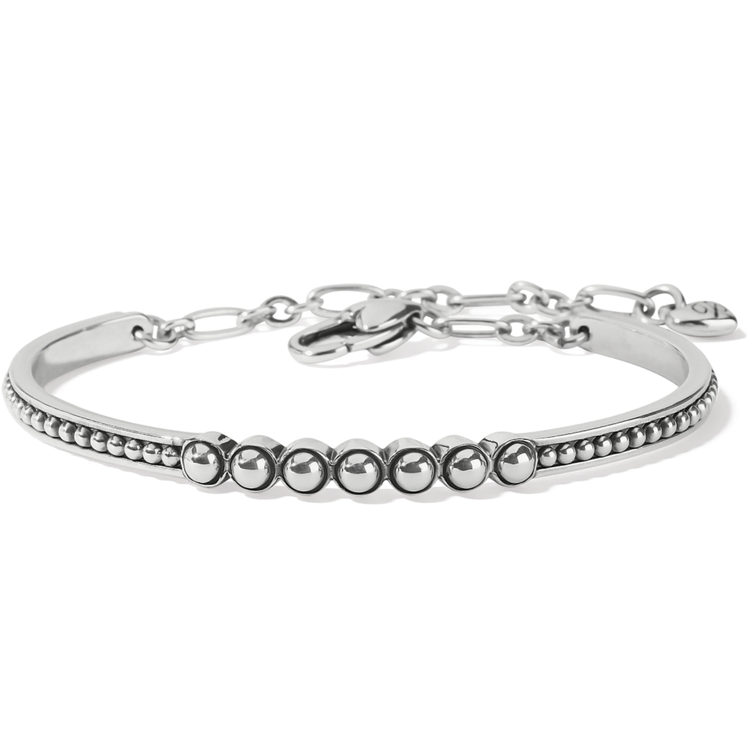 Brighton silver-plated bangle bracelet with beaded detailing, round accents, and chain closure with lobster clasp on a white background