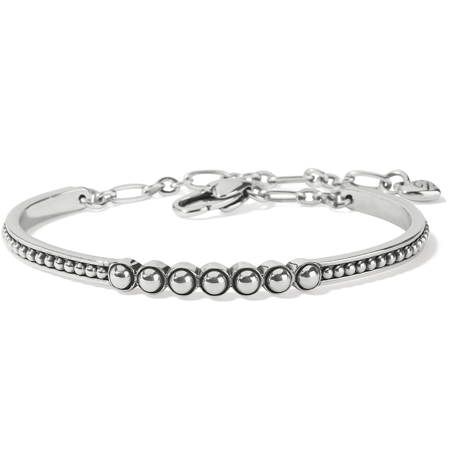 Brighton silver-plated bangle bracelet with beaded detailing, round accents, and chain closure with lobster clasp on a white background