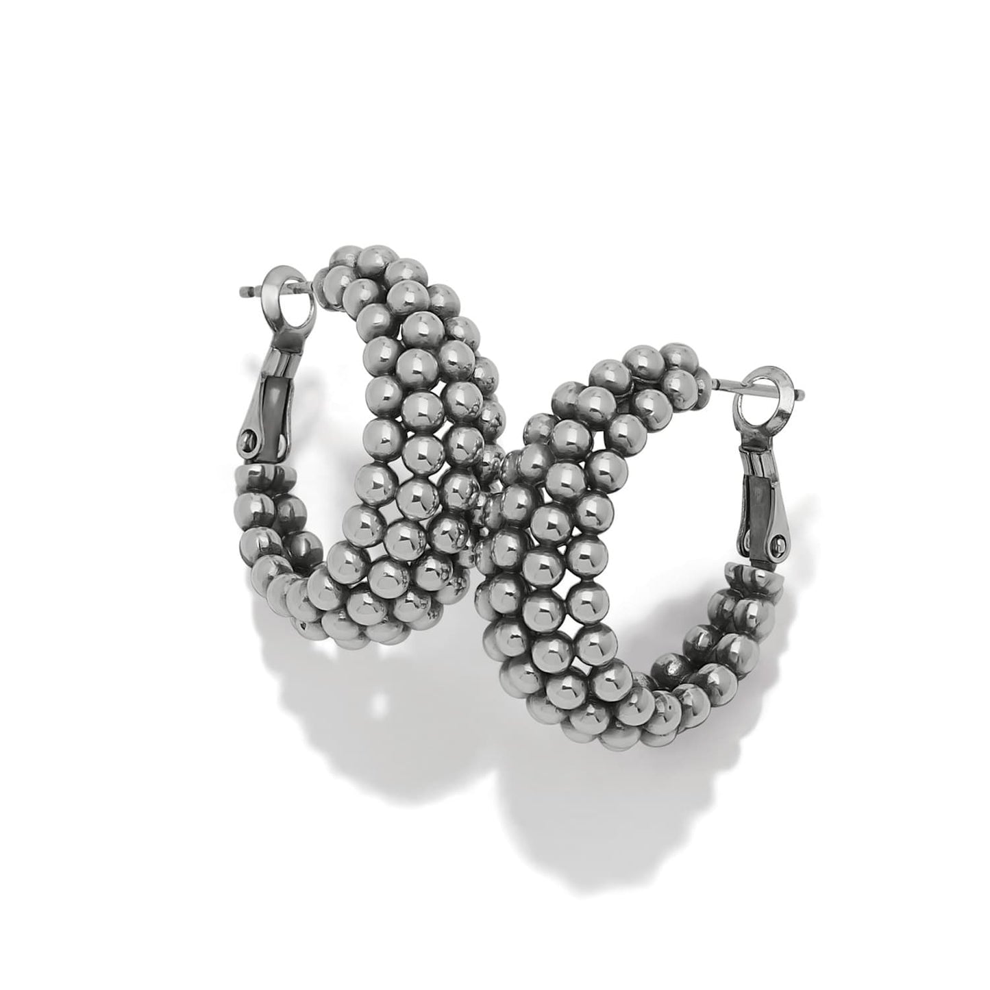Brighton hoop earrings with clustered silver-plated beads forming rounded multi-row hoops on a white background