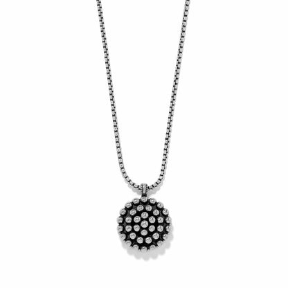 Brighton pendant necklace with silver-plated beaded circular medallion on a box chain on a white background