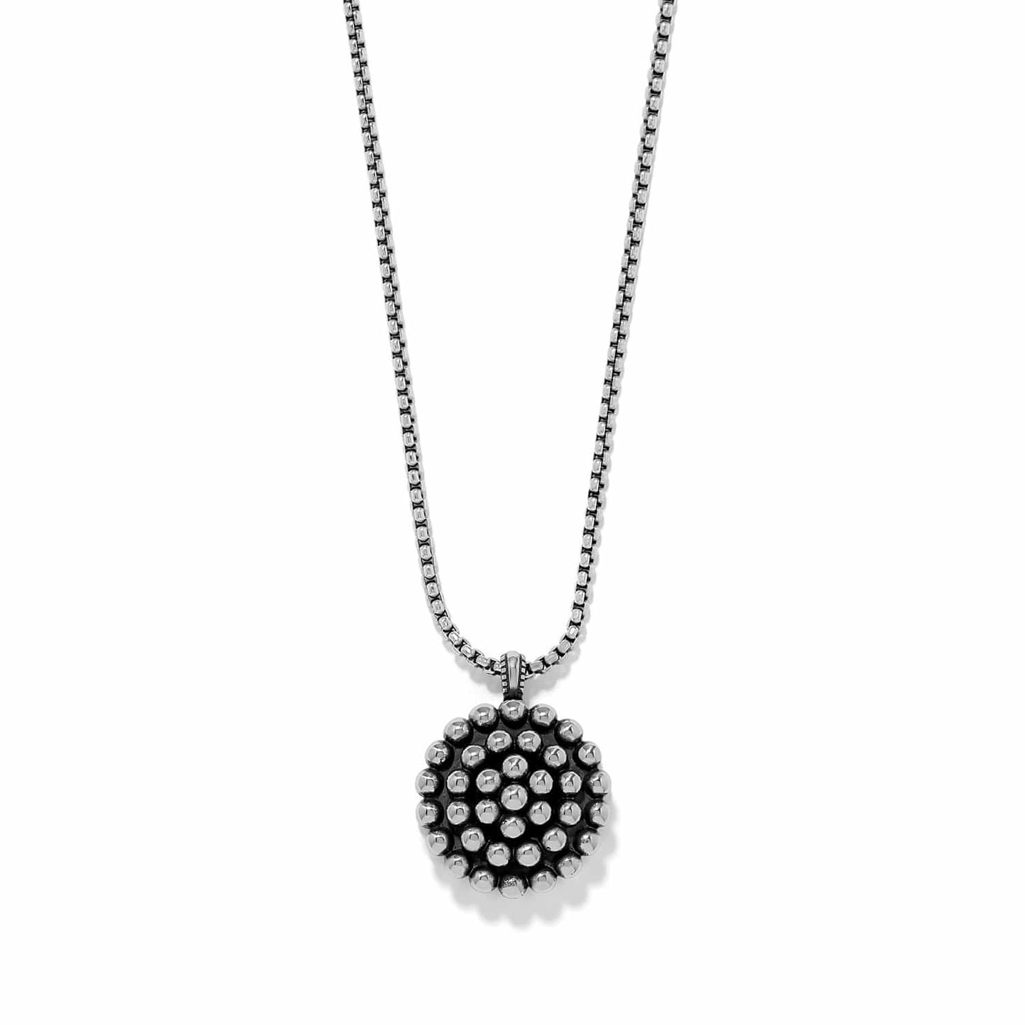 Brighton pendant necklace with silver-plated beaded circular medallion on a box chain on a white background