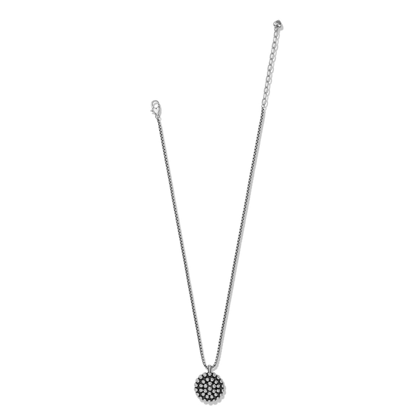 Brighton pendant necklace with silver-plated beaded round pendant and box chain with lobster clasp on a white background
