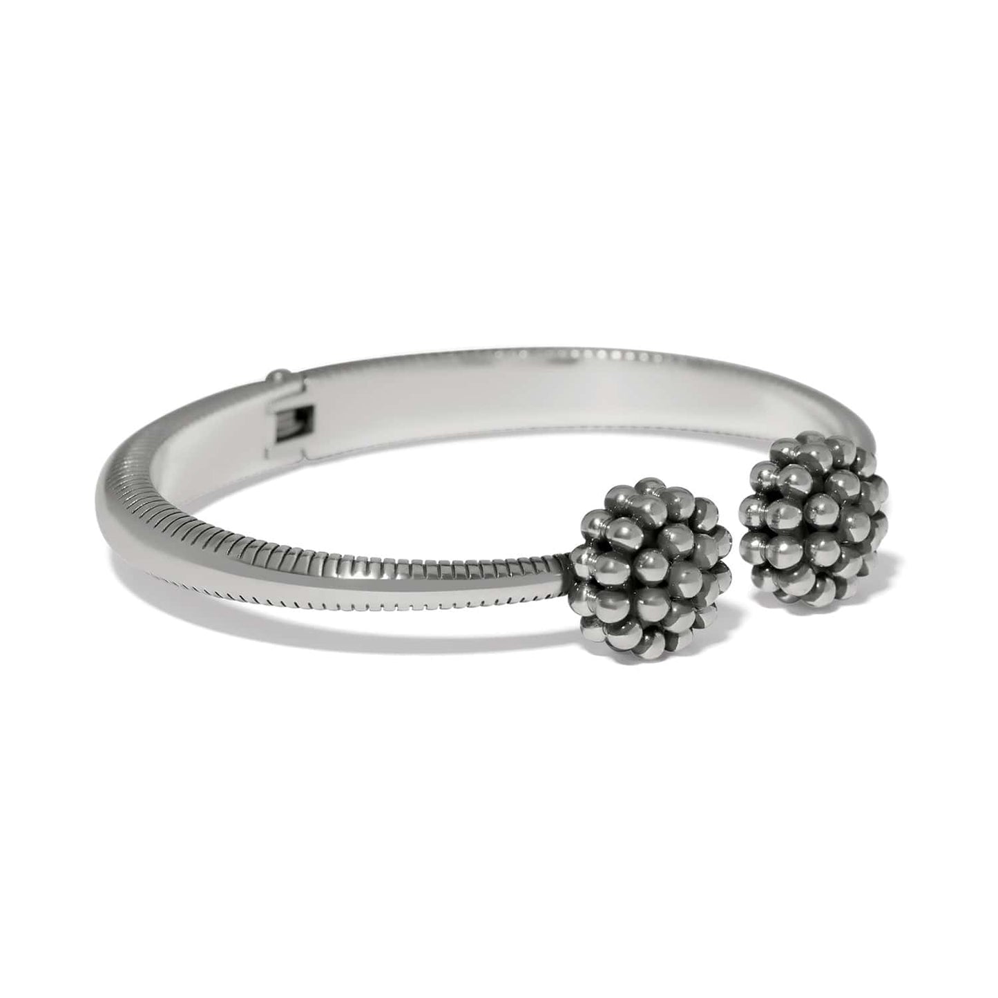 Brighton hinged cuff bracelet with silver-plated ribbed band and two beaded cluster end caps on a white background