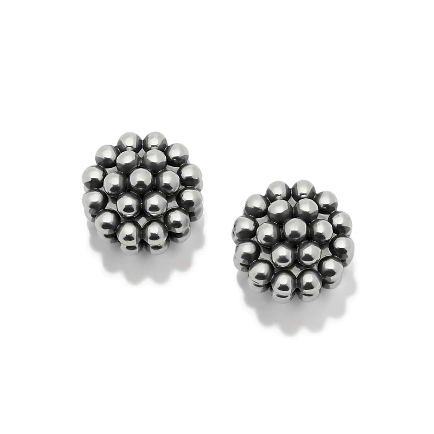 Brighton stud earrings with clustered silver-plated beads forming domed berry-like shapes on a white background