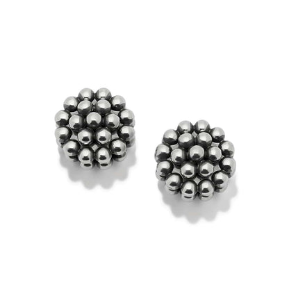 Brighton stud earrings with clustered silver-plated beads forming domed berry-like shapes on a white background