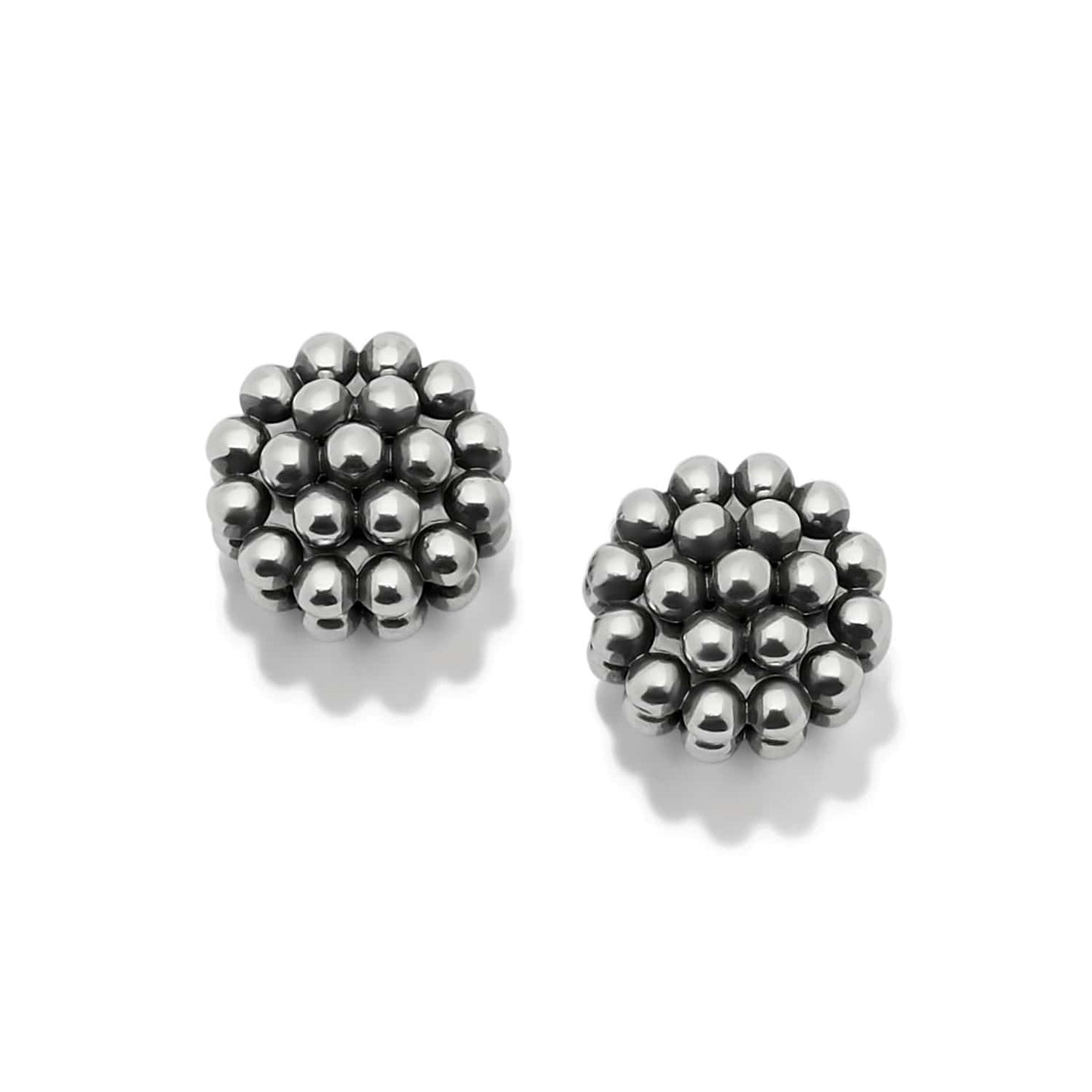 Brighton stud earrings with clustered silver-plated beads forming domed berry-like shapes on a white background