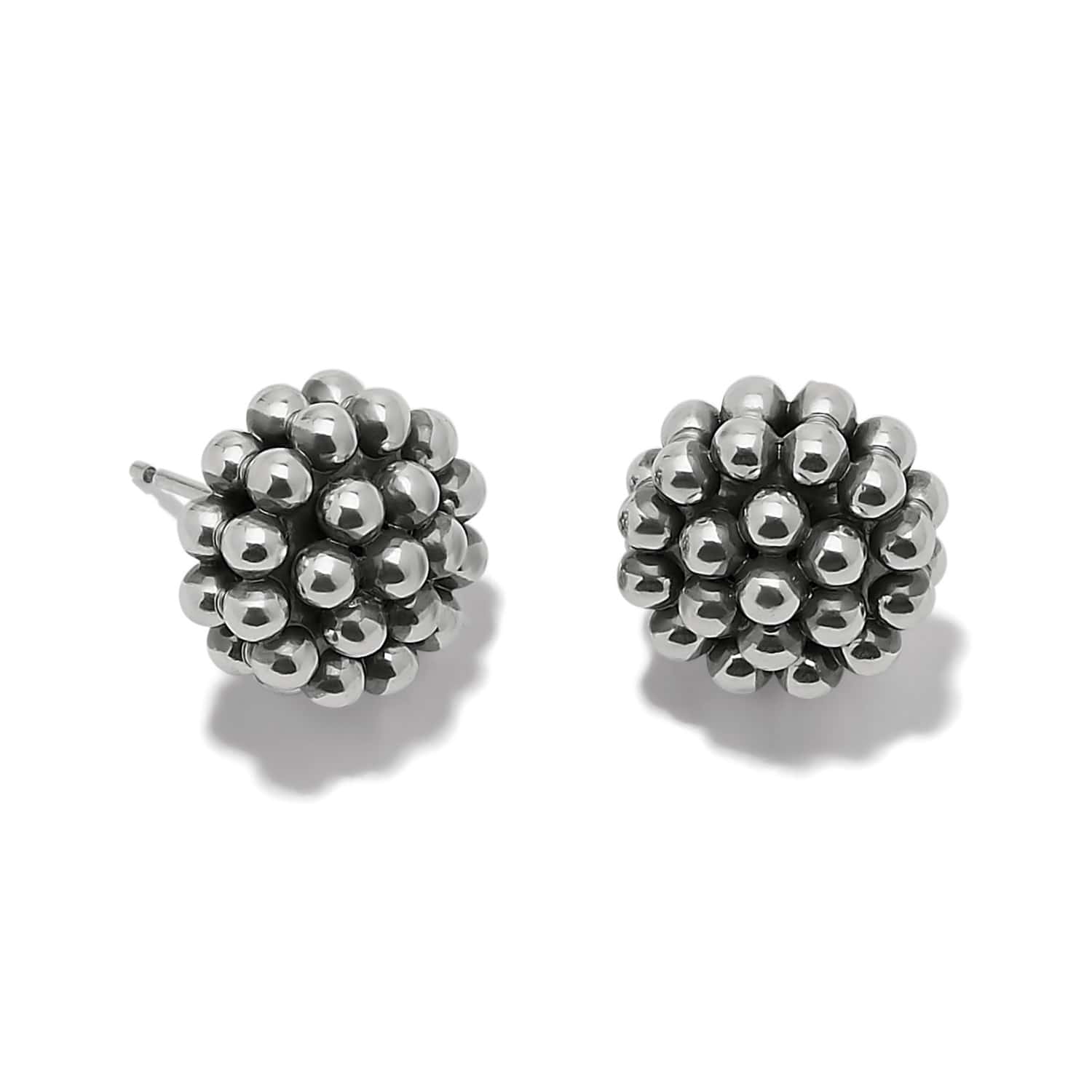 Brighton stud earrings with clustered silver-plated beads forming rounded berry shapes on a white background