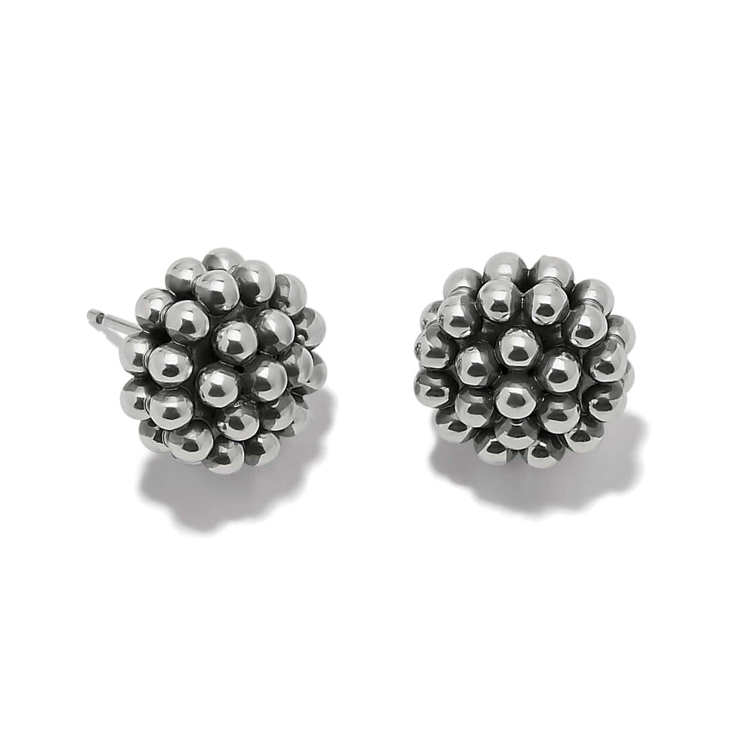 Brighton stud earrings with clustered silver-plated beads forming rounded berry shapes on a white background