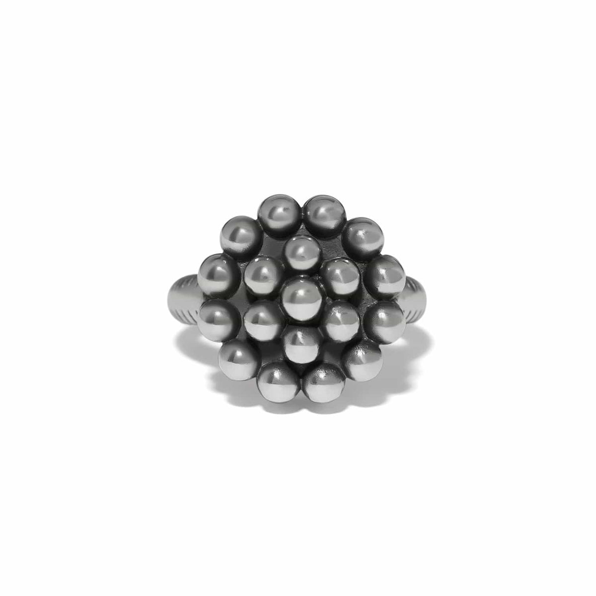 Brighton ring with silver-plated beaded cluster dome design and textured band on a white background