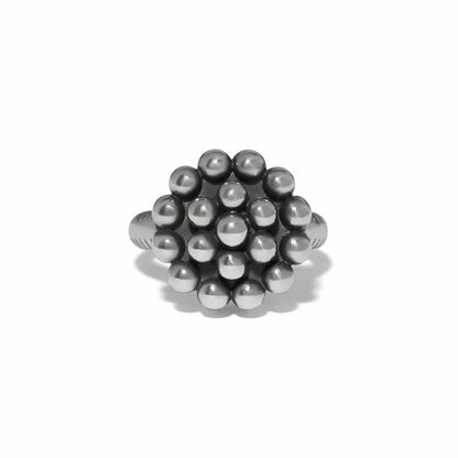 Brighton ring with silver-plated beaded cluster dome design and textured band on a white background