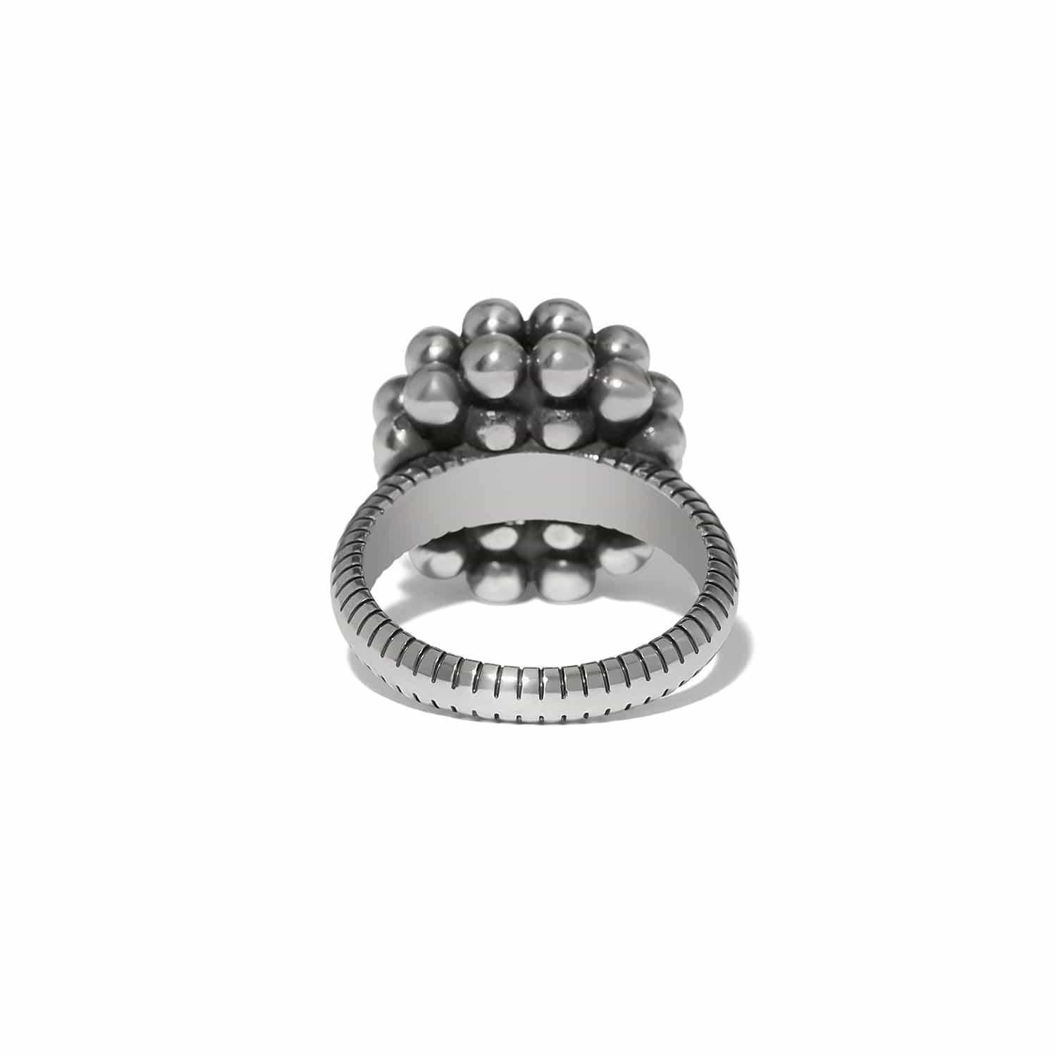 Brighton ring shown from the back with clustered silver-plated beads and ribbed band on a white background