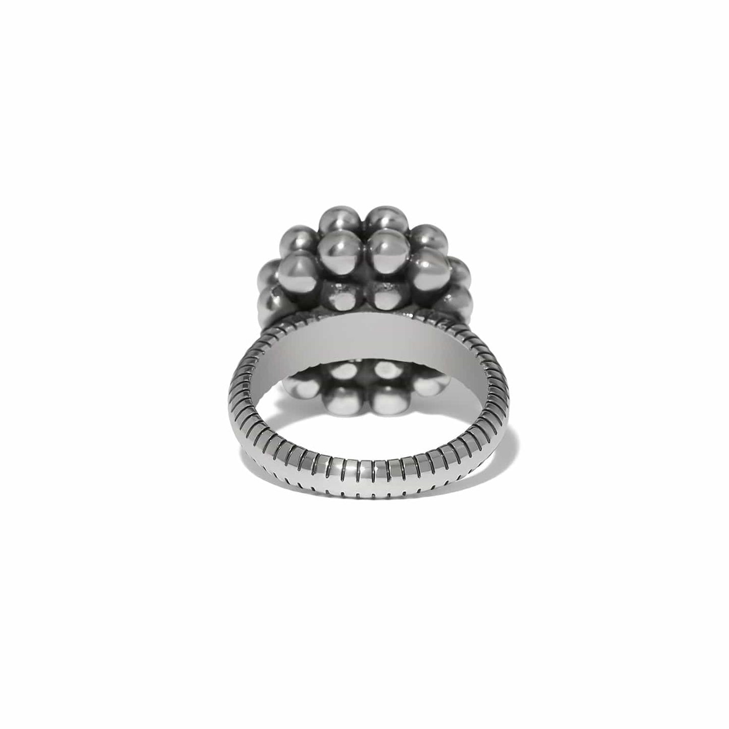 Brighton ring shown from the back with clustered silver-plated beads and ribbed band on a white background