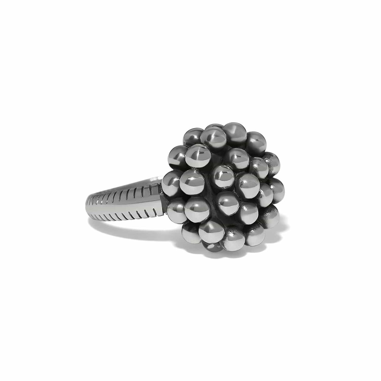 Brighton ring with silver-plated beaded cluster top and ridged band detail on a white background