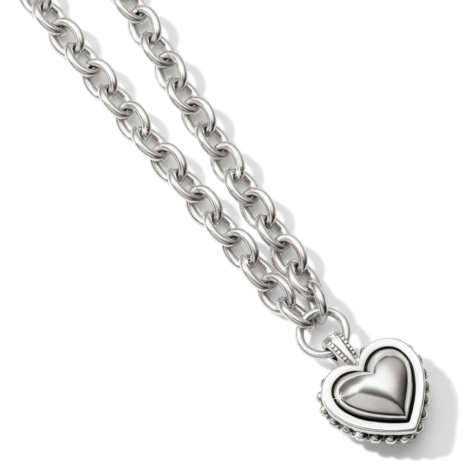 Brighton heart pendant necklace with silver-plated chunky cable chain and beaded heart charm on a white background