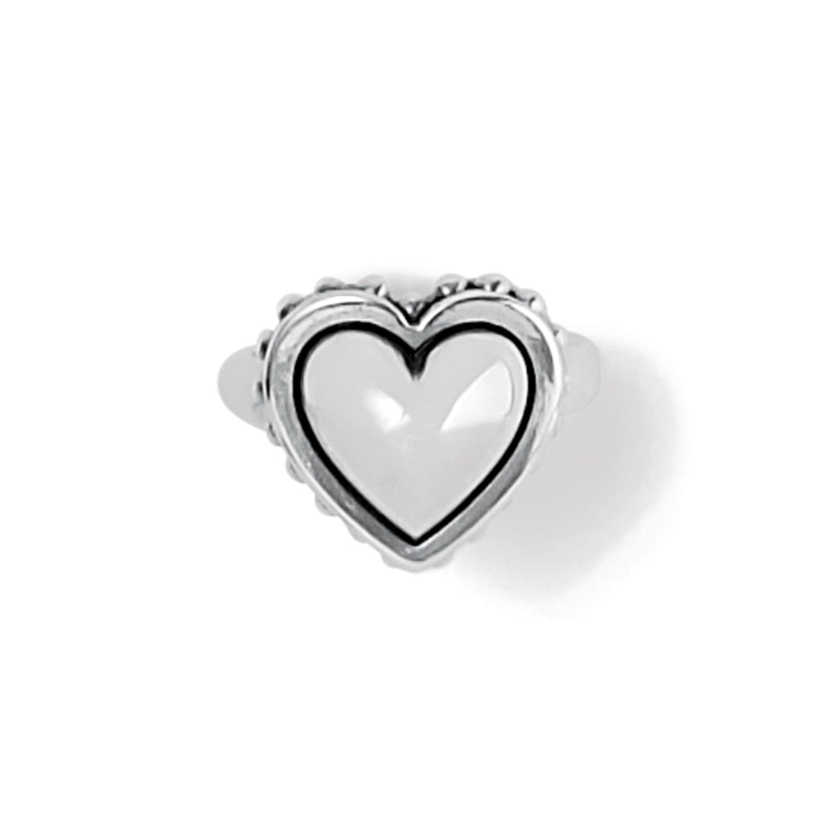Brighton ring with silver-plated heart-shaped top featuring beaded border and polished center on a white background