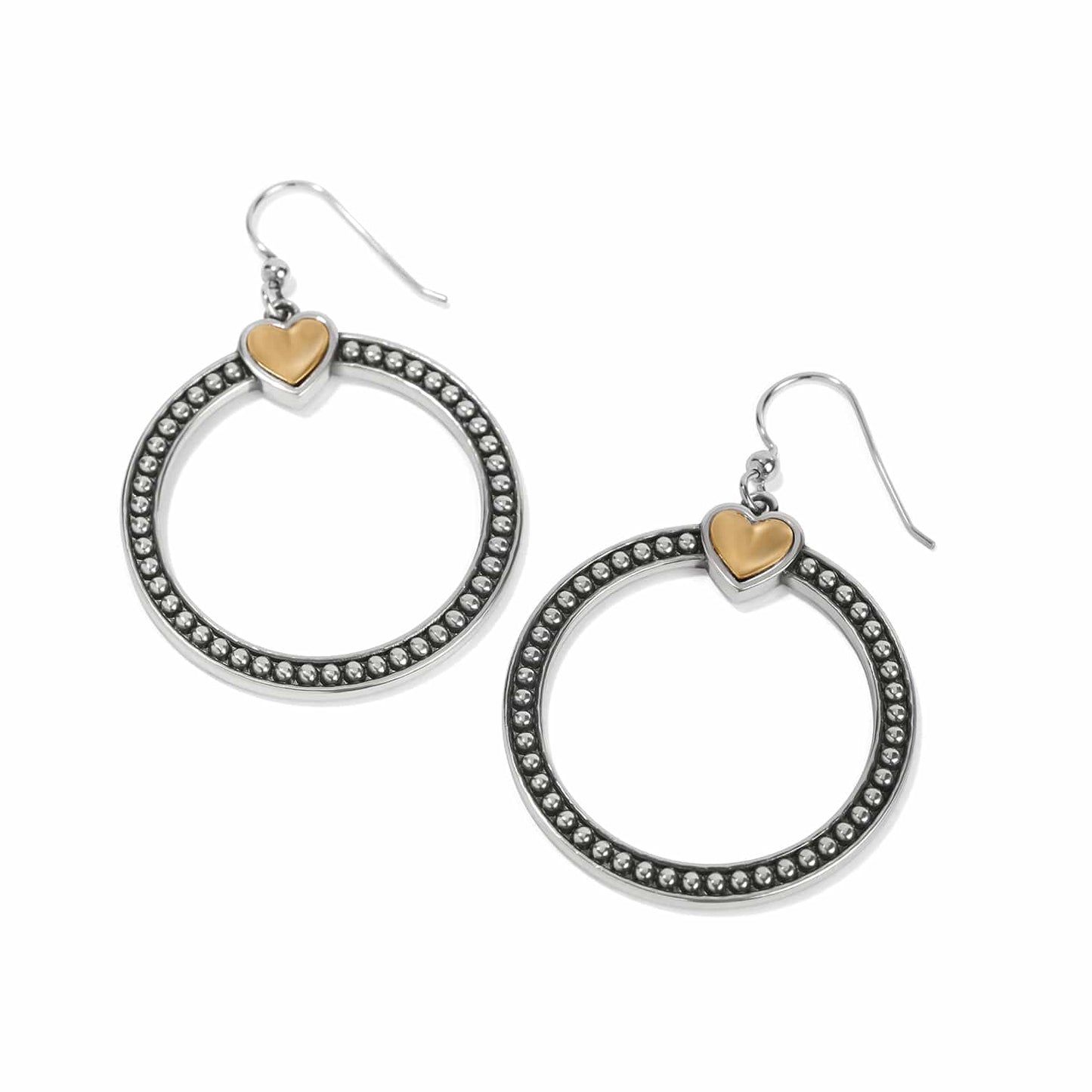 Brighton hoop earrings with two-tone beaded silver rings and gold heart accents on a white background