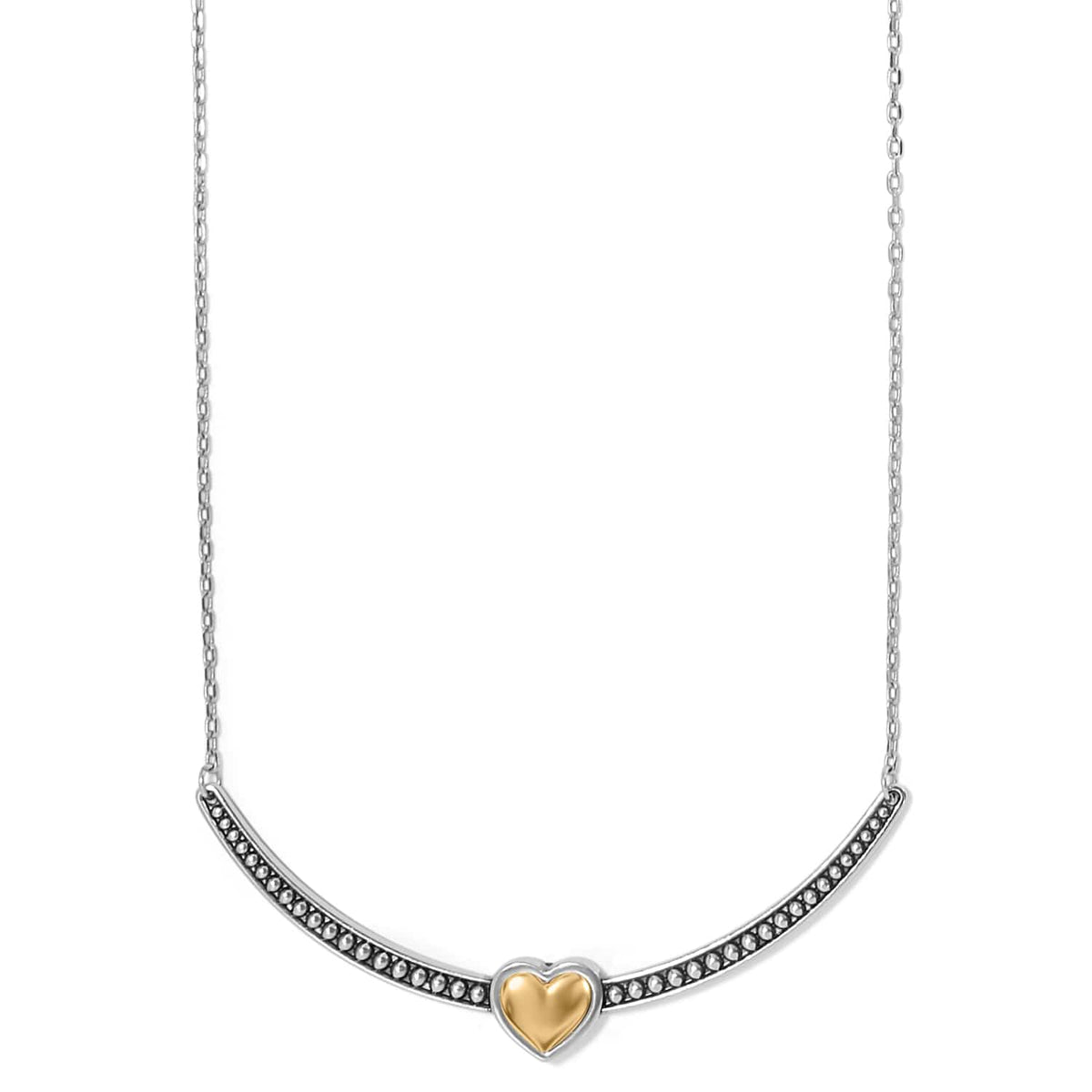 Brighton necklace with two-tone curved bar pendant featuring beaded silver-tone detail and gold-tone heart center on a white background