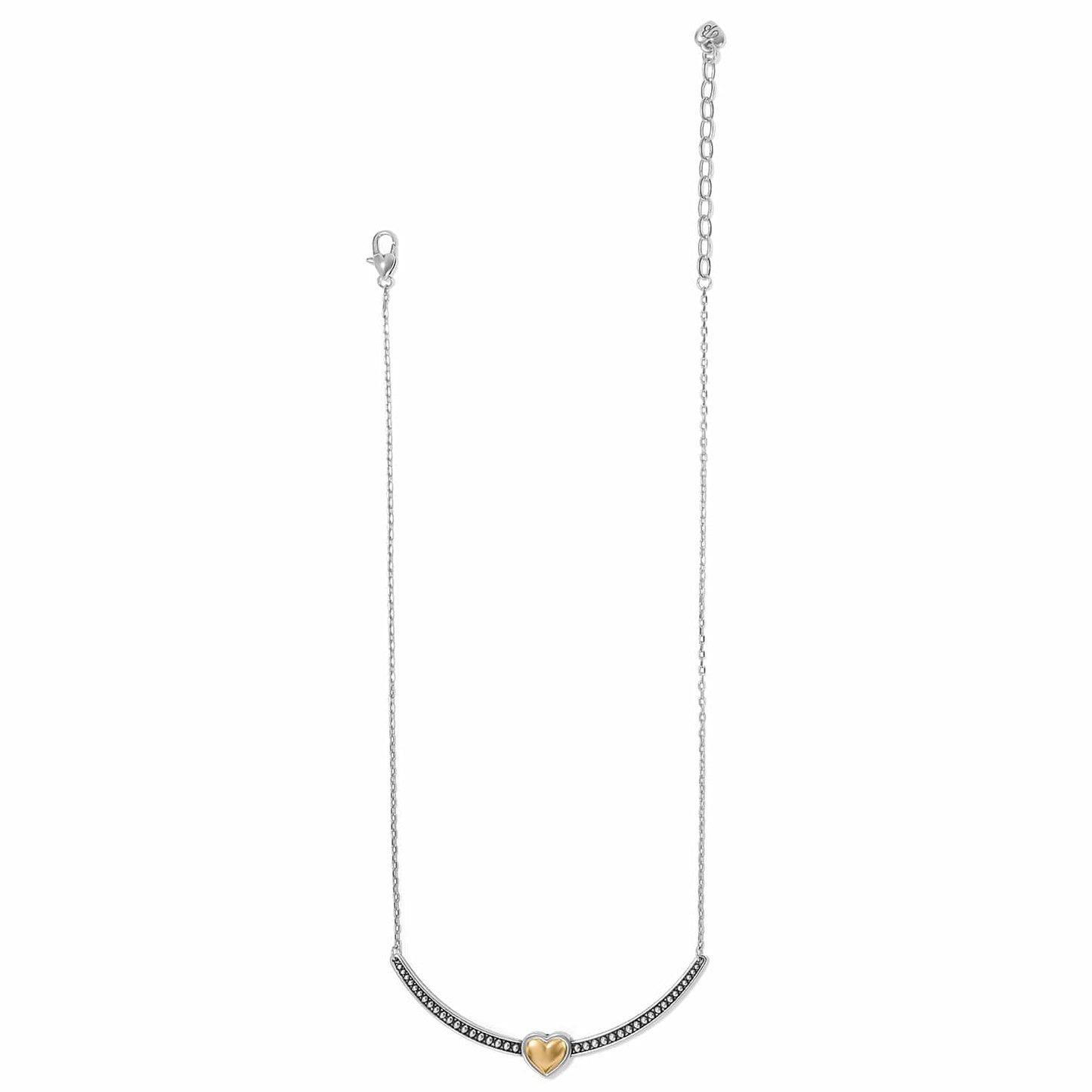 Brighton necklace with two-tone curved bar, gold heart center, and crystal accents on a white background