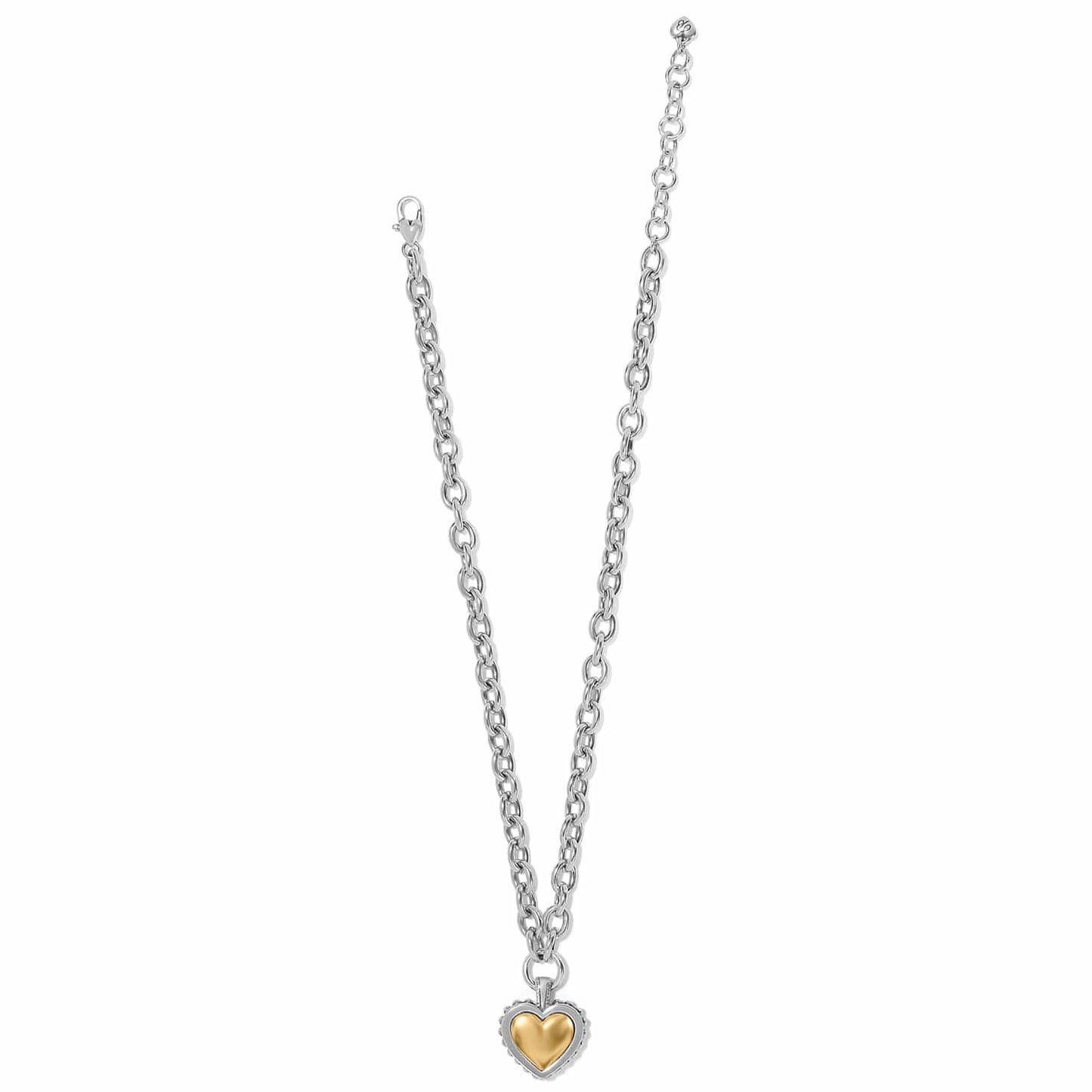 Brighton pendant necklace with two-tone heart charm and silver-tone chain with lobster clasp on a white background