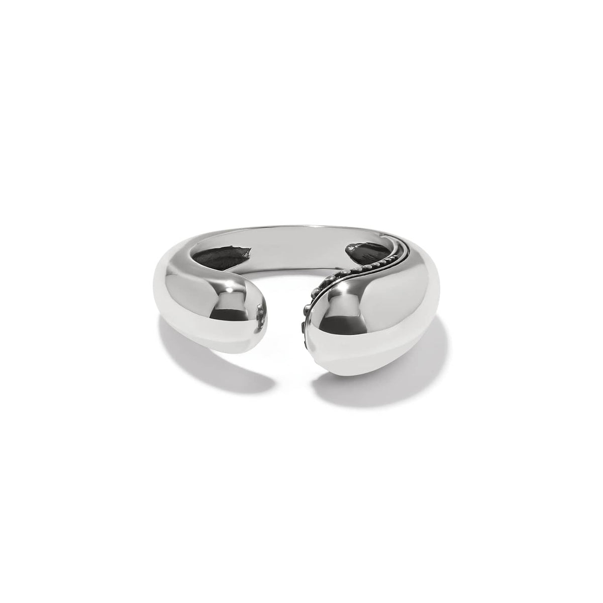 Brighton hinged cuff bracelet with silver-plated finish, rounded open ends, and beaded side detail on a white background